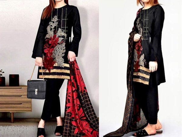 Embroidered Black Linen Dress with Wool Shawl Dupatta