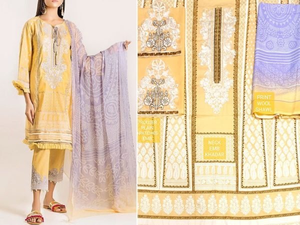 Embroidered Khaddar Dress with Wool Shawl Dupatta - Image 5