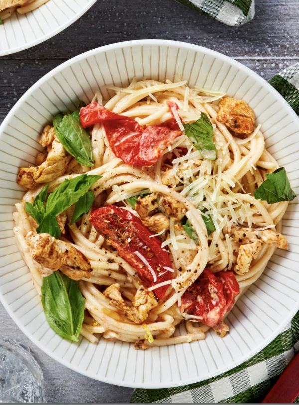 Creamy Parmesan Chicken Spaghetti with Roasted Tomatoes and Basil