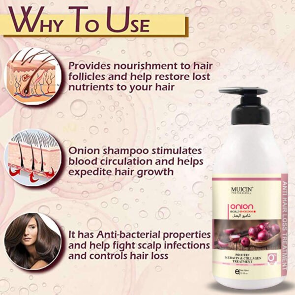 Muicin Onion Protein Keratin & Collagen Treatment Anti Hair Loss Scalp Shampoo, 550ml - Image 5