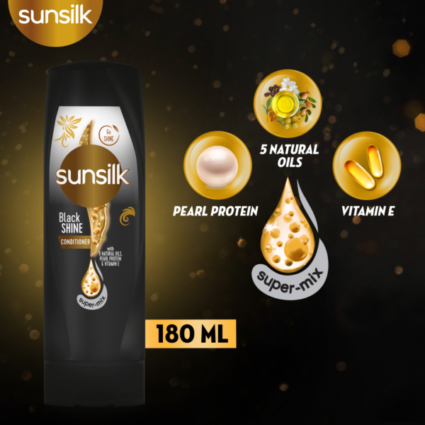 Sunsilk Black Shine 5 Naturals Oils, Pearl Protein & Vitamin E Conditioner, 180ml - Image 2