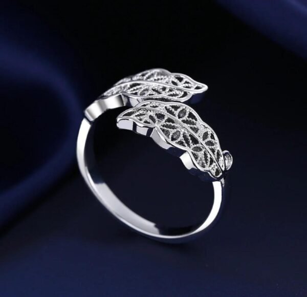 Leaf Design Silver Plated Zircon Adjustable Ring - Image 2