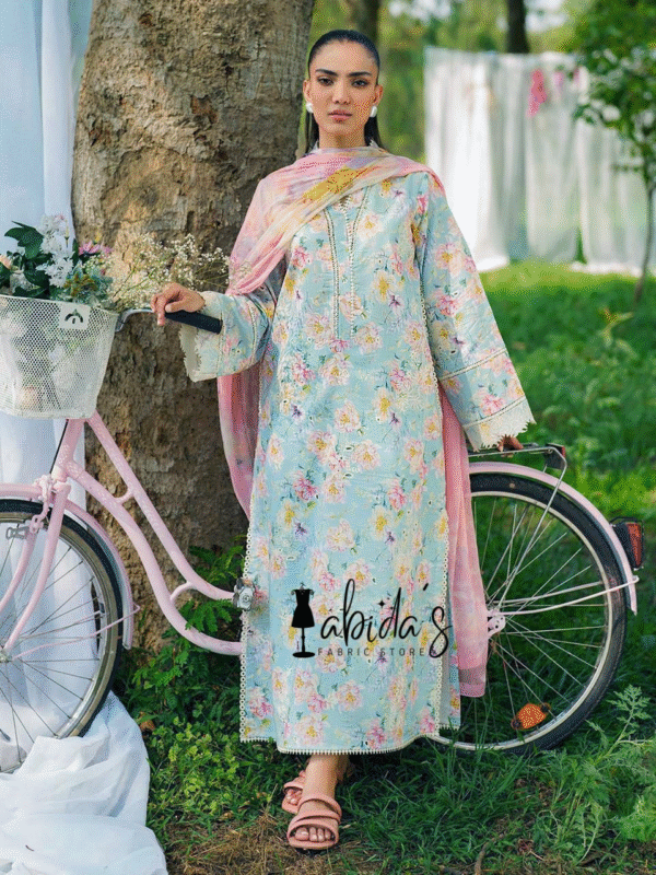 SUMMER COLLECTION 2025 LAWN Fabric 3Pc Front Lawn Printed Daman Embroidery Patch Sleeves Printed & Sleeves Full Heavy Embroidery Patch Back Lawn printed Trouser Lawn Printed Digital Printed Swiss Voil Dupatta