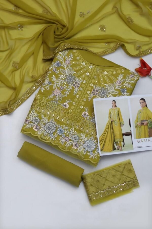 SUMMER COLLECTION 2025 MARIA B * Lawn Fabric *Front Full Heavy Emb * Daman heavy embroidery patch Sleeves Full Heavy Emb Back full Heavy embroidered Trouser plain Heavy Emb Chiffon Ready to wear Dupatta - Image 3