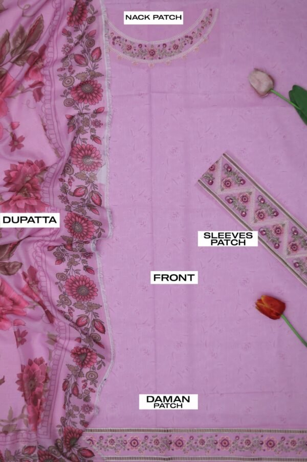 SUMMER COLLECTION 2025 LAWN Fabric 3Pc Front Lawn Printed Daman Embroidery Patch Sleeves Printed & Sleeves Full Heavy Embroidery Patch Back Lawn printed Trouser Lawn Printed Digital Printed Swiss Voil Dupatta - Image 2