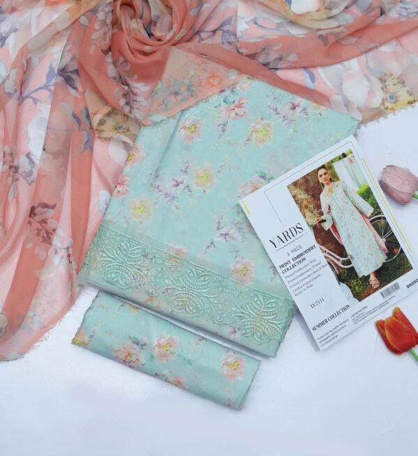 SUMMER COLLECTION 2025 LAWN Fabric 3Pc Front Lawn Printed Daman Embroidery Patch Sleeves Printed & Sleeves Full Heavy Embroidery Patch Back Lawn printed Trouser Lawn Printed Digital Printed Swiss Voil Dupatta - Image 2