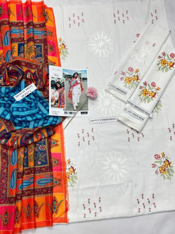 SUMMER COLLECTION 2025 Alhmdulillah 🍂NIMRA mehra 6078🍂 Lawn Hit Codes Stuff: Best Quality LAWN AIRJET 90/70 ✔️ Front Full Embroidered ✔️ Sleeves Heavy Embroidered ✔️ Digital print voil dupatta ✔️ Trouser Emb ✔️ With Catalog & Bag After Wash Guaranteed - Image 3
