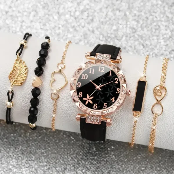 6pcs/set Women's Watch Casual Flower Quartz Watch PU Leather Wrist Watch Bracelets Combination Set Jewelry Gift For Women Girl CHAINI