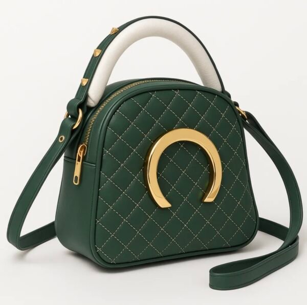 Mini Quilted Crossbody Bag for Women – Faux Leather Saddle Purse with Gold Horseshoe Detail & Studded Handle