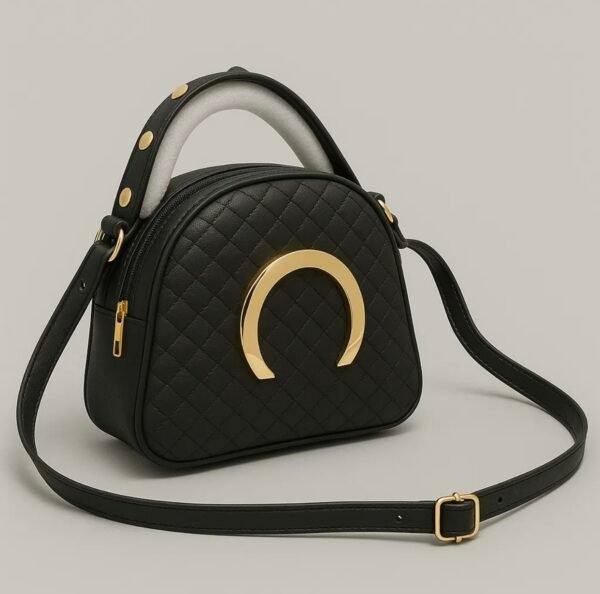 Mini Quilted Crossbody Bag for Women – Faux Leather Saddle Purse with Gold Horseshoe Detail & Studded Handle - Image 3
