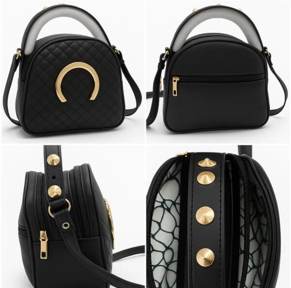 Mini Quilted Crossbody Bag for Women – Faux Leather Saddle Purse with Gold Horseshoe Detail & Studded Handle - Image 2
