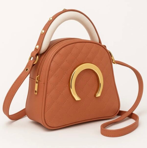 Mini Quilted Crossbody Bag for Women – Faux Leather Saddle Purse with Gold Horseshoe Detail & Studded Handle - Image 4