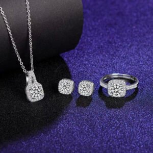 Women's Korean Fashion Jewelry Set – Square Zircon Pendant Necklace, Earrings & Ring by Qoddess