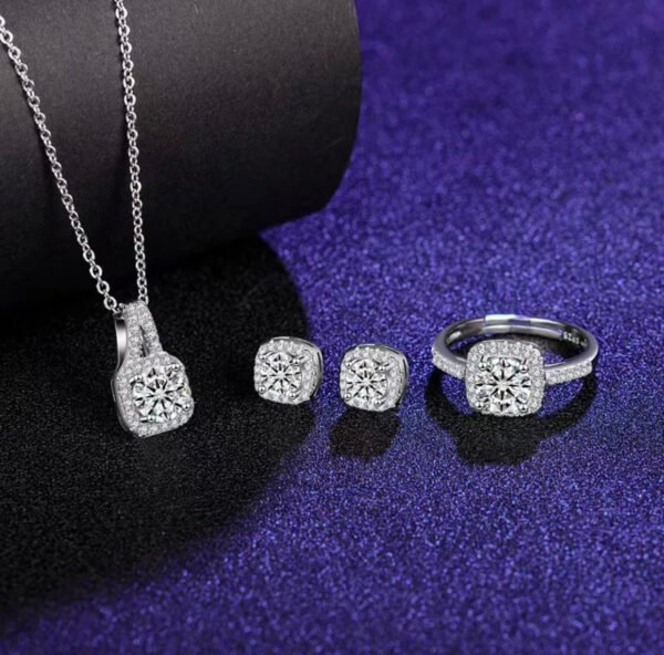 Women's Korean Fashion Jewelry Set – Square Zircon Pendant Necklace, Earrings & Ring by Qoddess