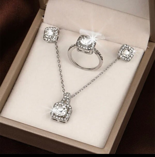 Women's Korean Fashion Jewelry Set – Square Zircon Pendant Necklace, Earrings & Ring by Qoddess - Image 3