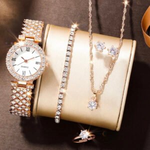 Women's Luxury Jewelry & Watch Gift Set – Rhinestone Roman Quartz Watch, Necklace, Bracelet & Ring | Fashion Trend Gift for Girls & Women