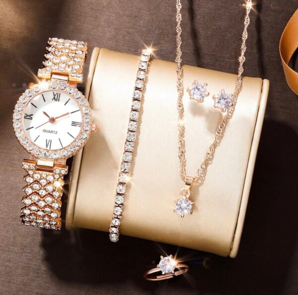 Women's Luxury Jewelry & Watch Gift Set – Rhinestone Roman Quartz Watch, Necklace, Bracelet & Ring | Fashion Trend Gift for Girls & Women