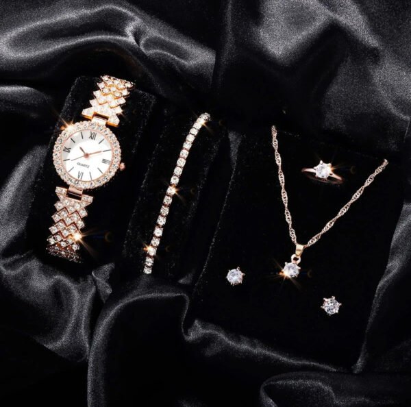 Women's Luxury Jewelry & Watch Gift Set – Rhinestone Roman Quartz Watch, Necklace, Bracelet & Ring | Fashion Trend Gift for Girls & Women - Image 3