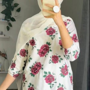 Stylish White Stitched Suit with Gulab Print – Elegant Floral Dress for Girls & Women