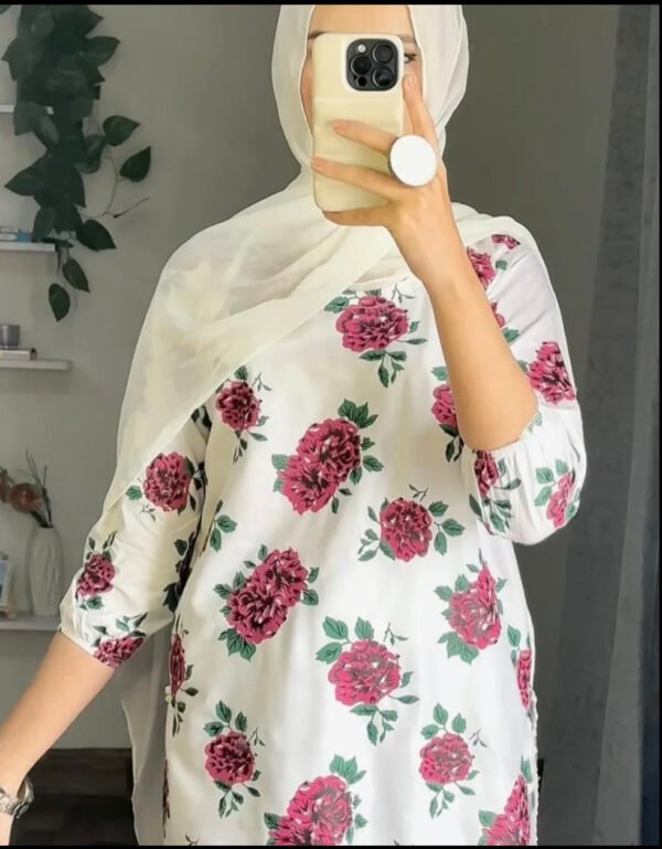Stylish White Stitched Suit with Gulab Print – Elegant Floral Dress for Girls & Women