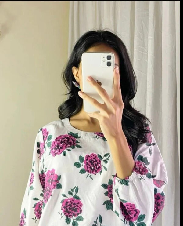 Stylish White Stitched Suit with Gulab Print – Elegant Floral Dress for Girls & Women - Image 4