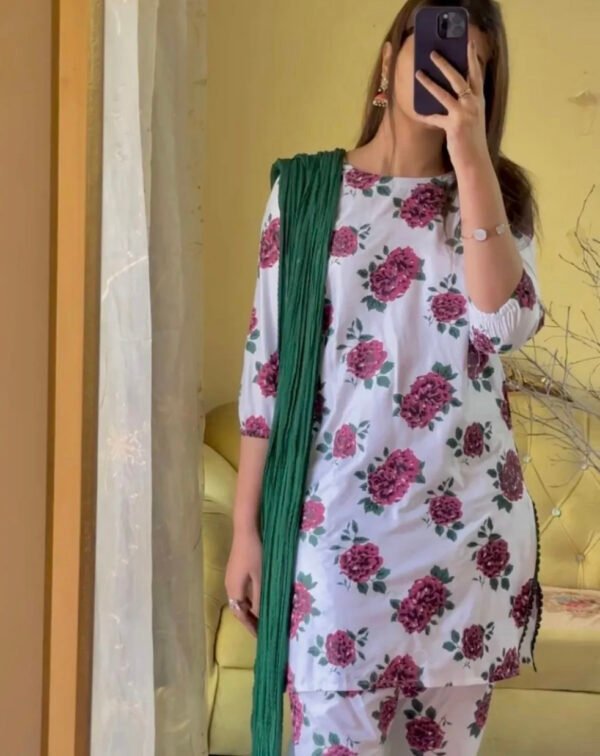 Stylish White Stitched Suit with Gulab Print – Elegant Floral Dress for Girls & Women - Image 2