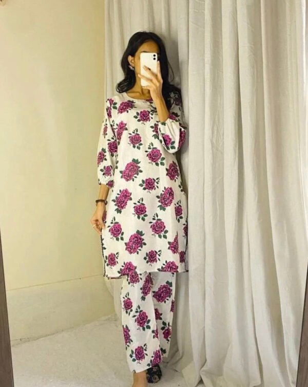 Stylish White Stitched Suit with Gulab Print – Elegant Floral Dress for Girls & Women - Image 3