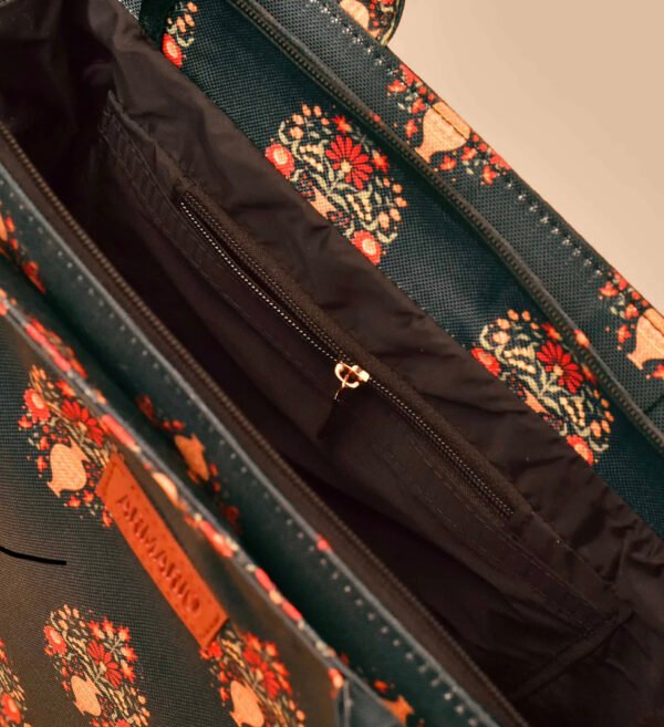 Royal Forest Green Tote Bag with Mogra Floral Print – Ethnic Chic Everyday Carryall - Image 3