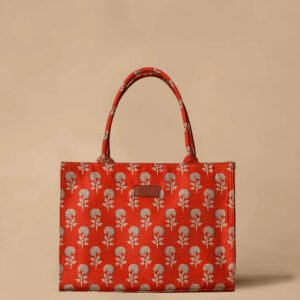 Red & Off-White Floral Print Tote Bag – Elegant Everyday Carry for Women & Girls