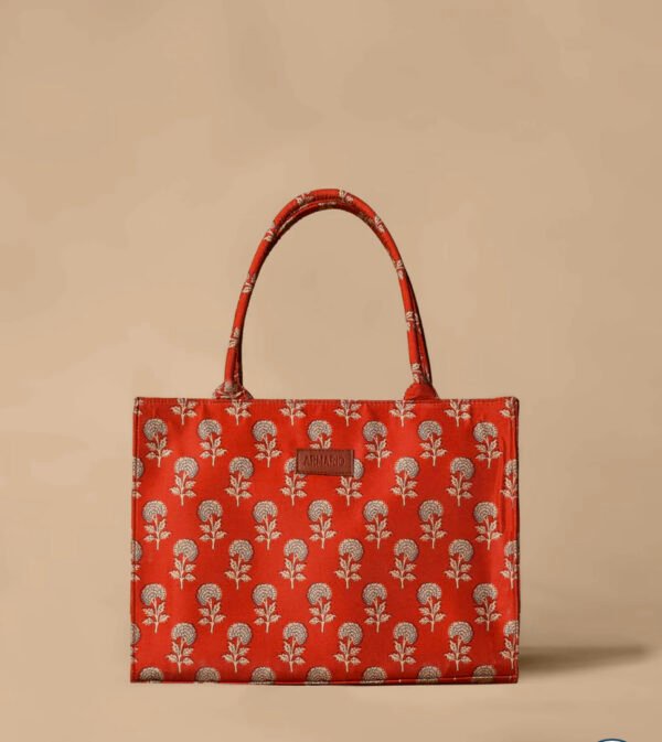 Red & Off-White Floral Print Tote Bag – Elegant Everyday Carry for Women & Girls