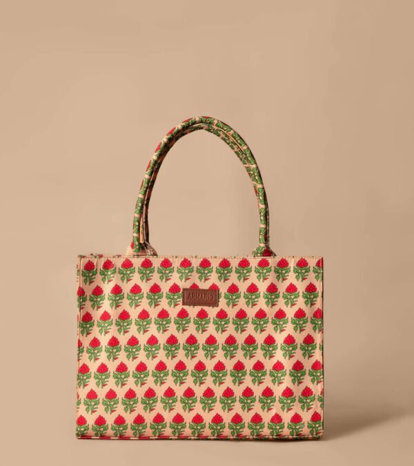Mini Red Rose Print Fabric Tote Bag – Stylish Floral Carryall for Women & Girls