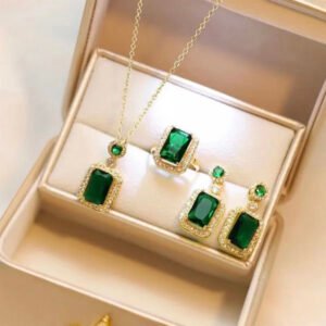3-Piece Emerald Crystal Jewelry Set – Titanium Steel Necklace, Earrings & High-End Designer Finish