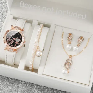 4pcs/set Women's Shiny Rhinestone Quartz Watch Analog PU Leather Wrist Watch Faux Pearl Jewelry Set Girls Gift（Without Box）
