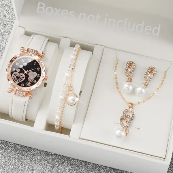 4pcs/set Women's Shiny Rhinestone Quartz Watch Analog PU Leather Wrist Watch Faux Pearl Jewelry Set Girls Gift（Without Box）