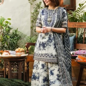 Hania Aamir Hit Codes – Tie & Dye Lawn 3PC Suit with Embroidered Neckline & Sleeves Patches