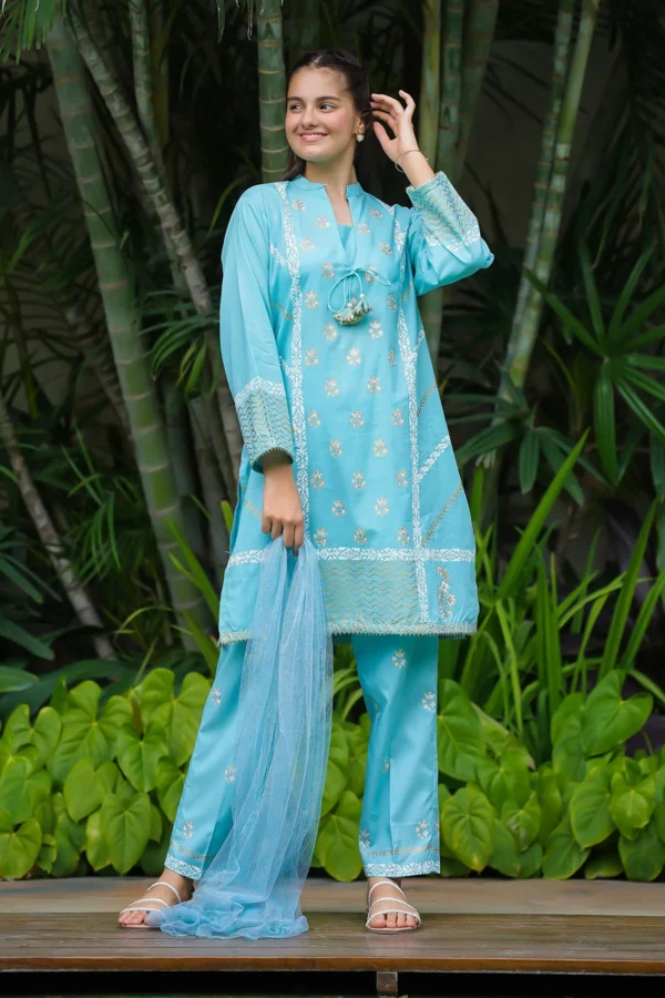 Azure Bloom – Cotton Printed 3PC Suit