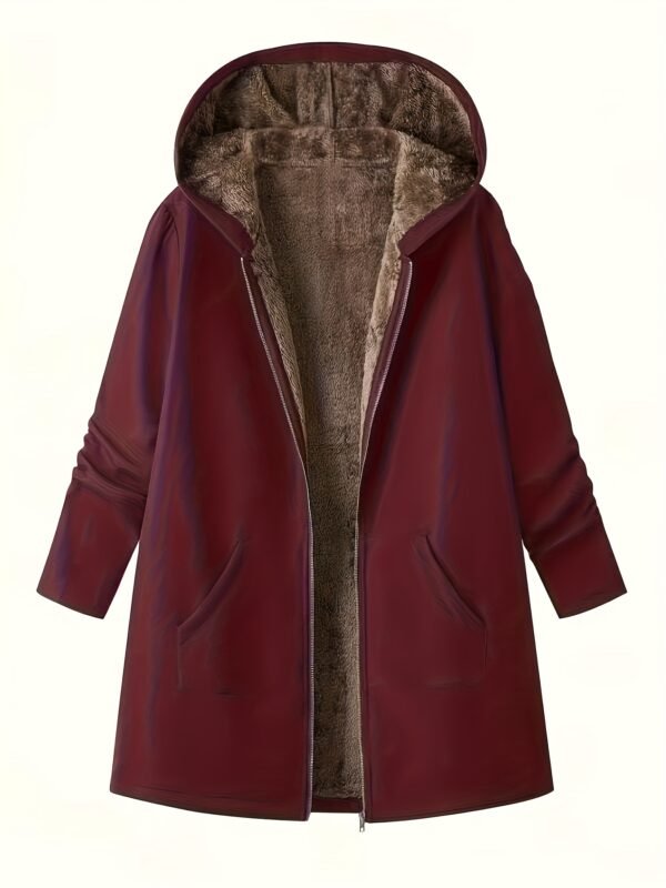 's Elegant Winter Jacket with -Like Collar & Cuff - Long Brown Coat, H-Line Silhouette, Full-Zip Front & Pockets, Machine Washable Outerwear for Fall and Cold Weather (No Dry Clean) - Image 2