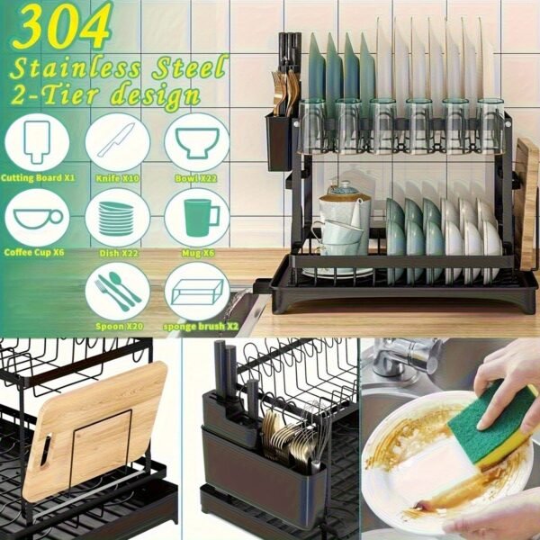 LDQ 2-Tier Heavy Duty Stainless Steel Like Dish Drying Rack with Adjustable Drainboard, Rotatable Dish Drainer, Utensil & Cup Holders, Space Saving Kitchen Counter Organizer, Compact Dish Drainer for Plates, Pots, Pans (Black Frame) - Image 14