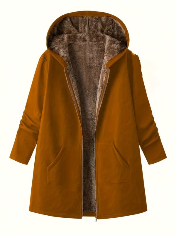 's Elegant Winter Jacket with -Like Collar & Cuff - Long Brown Coat, H-Line Silhouette, Full-Zip Front & Pockets, Machine Washable Outerwear for Fall and Cold Weather (No Dry Clean)