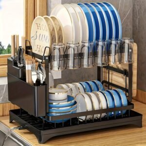 LDQ 2-Tier Heavy Duty Stainless Steel Like Dish Drying Rack with Adjustable Drainboard, Rotatable Dish Drainer, Utensil & Cup Holders, Space Saving Kitchen Counter Organizer, Compact Dish Drainer for Plates, Pots, Pans (Black Frame)