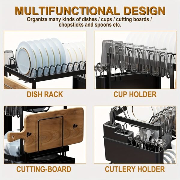 1pc URLUNA Dish Drying Rack for Kitchen Counter - 2-Tier Detachable Organizer with Cutlery Holder, Drainboard Tray, Cup & Cutting Board Storage, Space-Saving Design, Durable Plastic/Metal, Black, Kitchen Space Saver | Contemporary Kitchenware | Sturdy Construction - Image 5