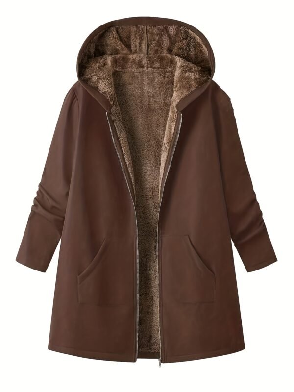 's Elegant Winter Jacket with -Like Collar & Cuff - Long Brown Coat, H-Line Silhouette, Full-Zip Front & Pockets, Machine Washable Outerwear for Fall and Cold Weather (No Dry Clean) - Image 5