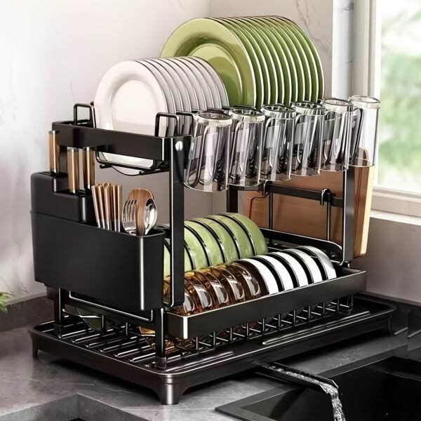 LDQ 2-Tier Heavy Duty Stainless Steel Like Dish Drying Rack with Adjustable Drainboard, Rotatable Dish Drainer, Utensil & Cup Holders, Space Saving Kitchen Counter Organizer, Compact Dish Drainer for Plates, Pots, Pans (Black Frame) - Image 17