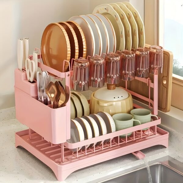 LDQ 2-Tier Heavy Duty Stainless Steel Like Dish Drying Rack with Adjustable Drainboard, Rotatable Dish Drainer, Utensil & Cup Holders, Space Saving Kitchen Counter Organizer, Compact Dish Drainer for Plates, Pots, Pans (Black Frame) - Image 4