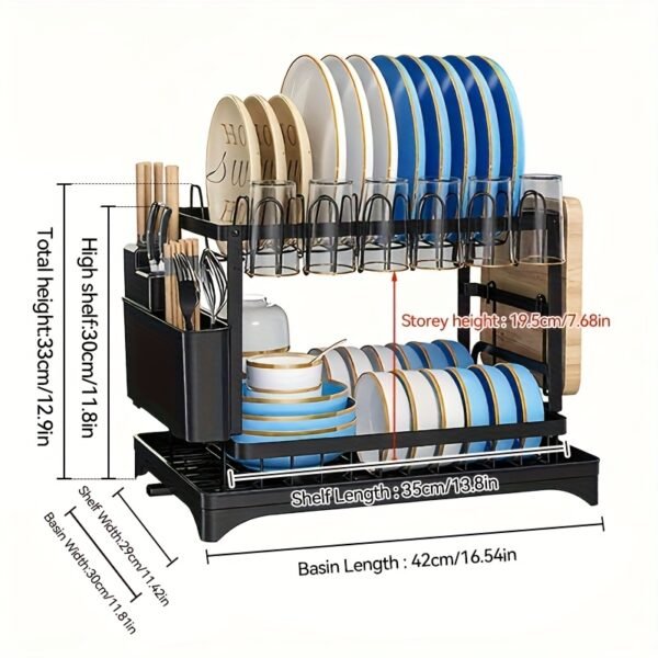 LDQ 2-Tier Heavy Duty Stainless Steel Like Dish Drying Rack with Adjustable Drainboard, Rotatable Dish Drainer, Utensil & Cup Holders, Space Saving Kitchen Counter Organizer, Compact Dish Drainer for Plates, Pots, Pans (Black Frame) - Image 18