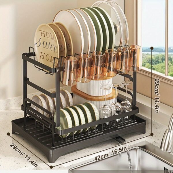 1pc URLUNA Dish Drying Rack for Kitchen Counter - 2-Tier Detachable Organizer with Cutlery Holder, Drainboard Tray, Cup & Cutting Board Storage, Space-Saving Design, Durable Plastic/Metal, Black, Kitchen Space Saver | Contemporary Kitchenware | Sturdy Construction - Image 2