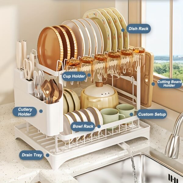 1pc URLUNA Dish Drying Rack for Kitchen Counter - 2-Tier Detachable Organizer with Cutlery Holder, Drainboard Tray, Cup & Cutting Board Storage, Space-Saving Design, Durable Plastic/Metal, Black, Kitchen Space Saver | Contemporary Kitchenware | Sturdy Construction - Image 4