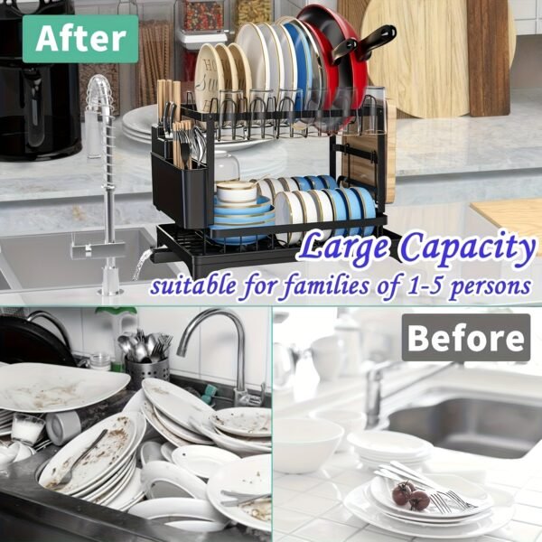 LDQ 2-Tier Heavy Duty Stainless Steel Like Dish Drying Rack with Adjustable Drainboard, Rotatable Dish Drainer, Utensil & Cup Holders, Space Saving Kitchen Counter Organizer, Compact Dish Drainer for Plates, Pots, Pans (Black Frame) - Image 13