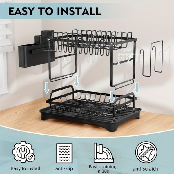 1pc URLUNA Dish Drying Rack for Kitchen Counter - 2-Tier Detachable Organizer with Cutlery Holder, Drainboard Tray, Cup & Cutting Board Storage, Space-Saving Design, Durable Plastic/Metal, Black, Kitchen Space Saver | Contemporary Kitchenware | Sturdy Construction - Image 6